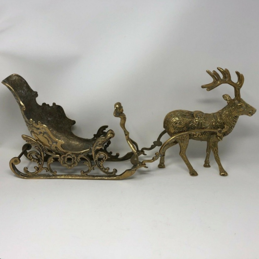 VINTAGE  LARGE BRASS REINDEER SLEIGH CHERUB SET CHRISTMAS HEAVY